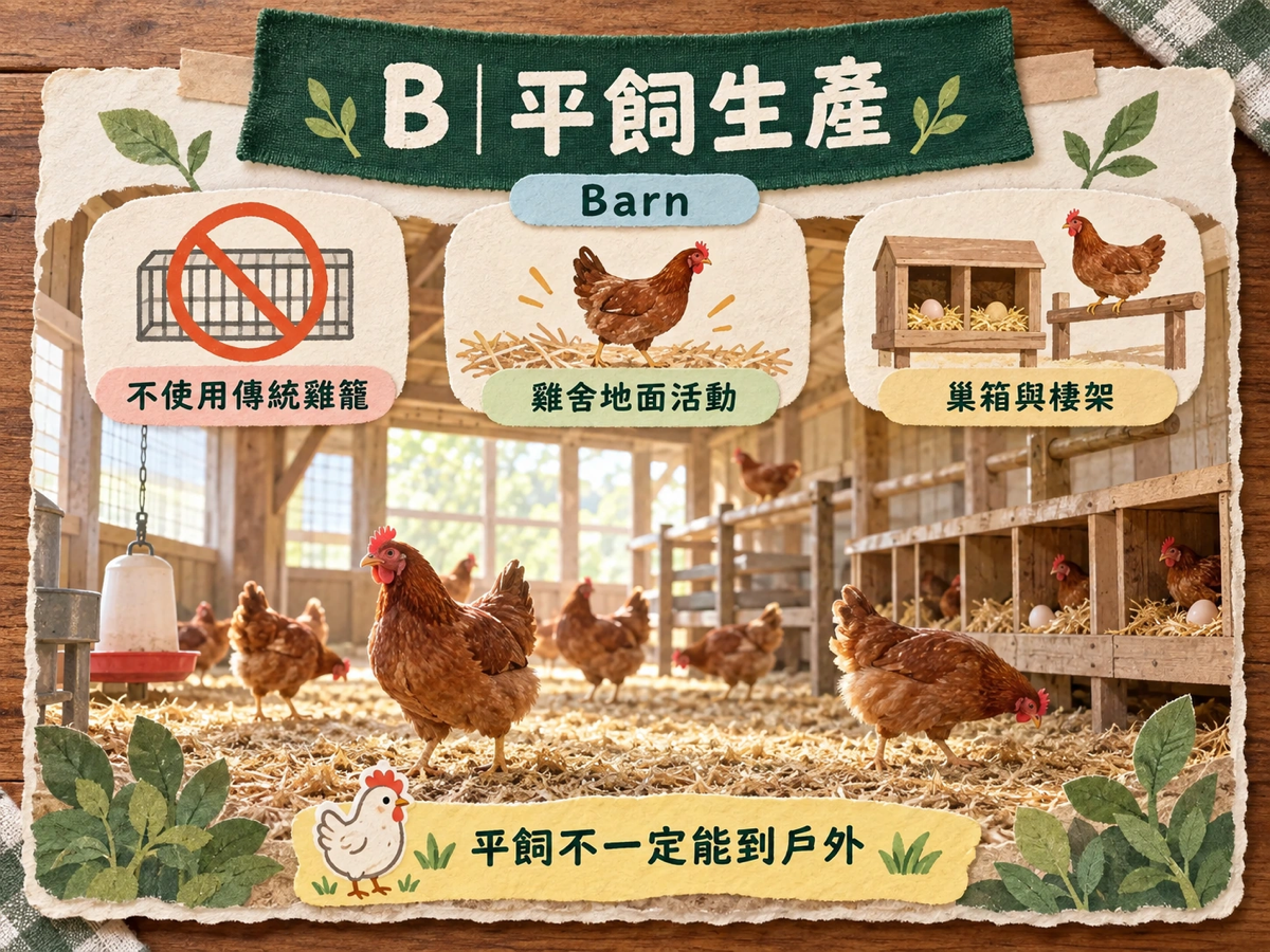 B 平飼生產：雞隻可在雞舍地面活動