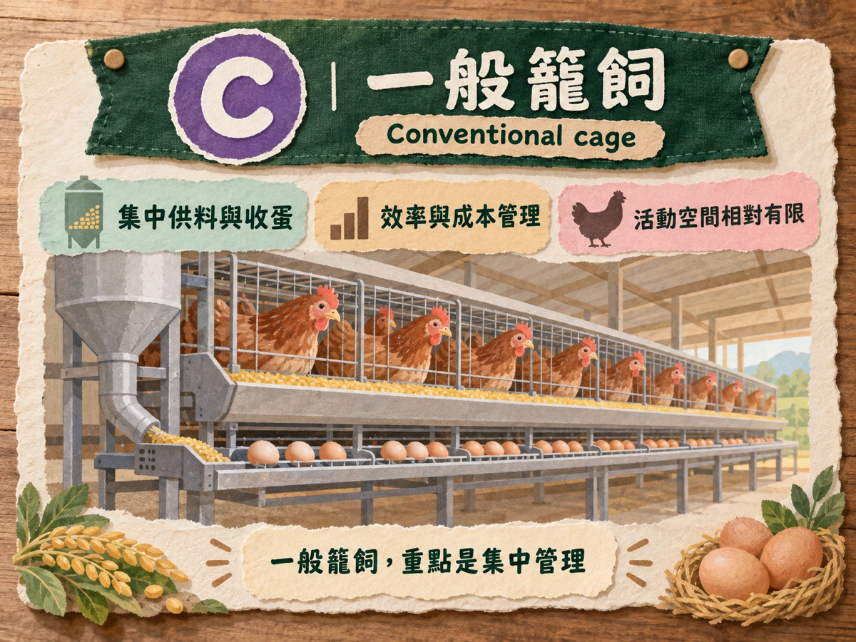 C 一般籠飼：集中供料與收蛋，活動空間較有限
