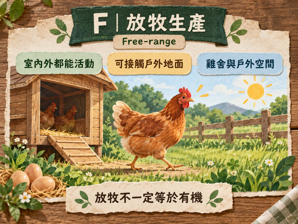 F 放牧生產：雞隻可在室內與戶外活動